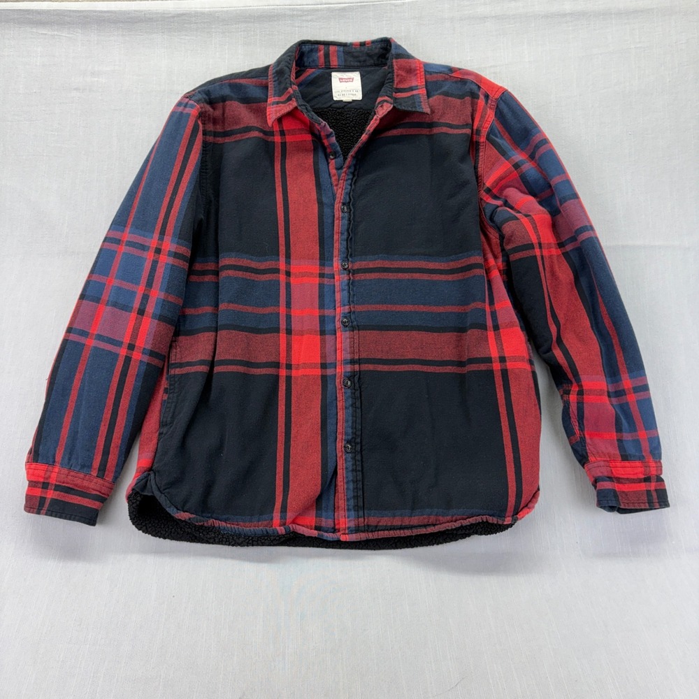 Levis Shirt Jacket Mens Large Sherpa Lined Flannel Red Black Plaid Shacket